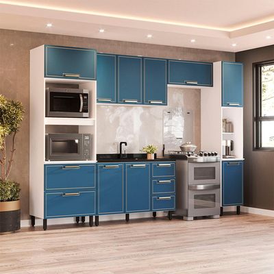 Cozinha Compacta Sem Tampo com Paneleiro Amara 10 Portas 4 Gavetas Azul e Branca