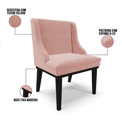 Kit 10 Cadeiras Estofadas Para Sala De Jantar Base Fixa De Madeira Preto Lia Veludo Rosê - Ibiza