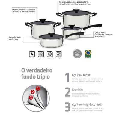 Jogo de Panelas 4 Peças Tramontina Solar Ceramic Aço Inox Fundo Triplo
