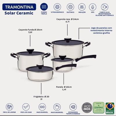 Jogo de Panelas 4 Peças Tramontina Solar Ceramic Aço Inox Fundo Triplo