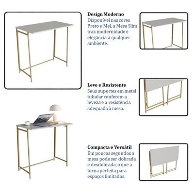 Mesa Dobrável Slim Escrivaninha P1044 Arenas Dourado 80x45x77,5cm Escritório Placa e Ponto
