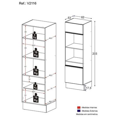 Paneleiro 2 Portas 63cm Com Rodapé Para Forno E Microondas Veneza Multimóveis V2116 Preto/branco