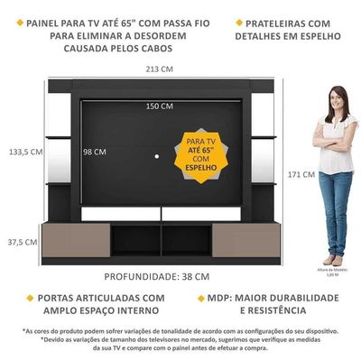 "Estante Tv 65"" Prateleiras C/ Espelho Oslo Multimóveis V3393"