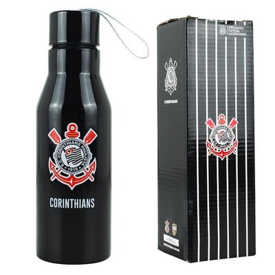 Garrafa Inox Corinthians Preta Com Tampa 600ml Oficial
