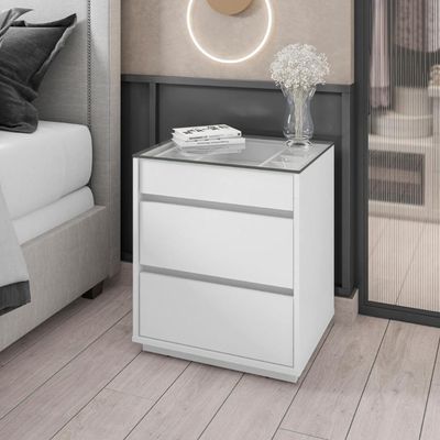 Mesa De Cabeceira 3 Gavetas Tampo De Vidro Taipei Branco