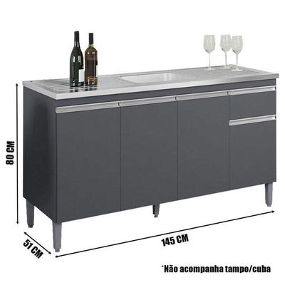 Balcão De Pia Tatiane 145 Cm E Armário Aéreo Andréia 3 Portas 120 Cm Cinza Fosco – Ajl