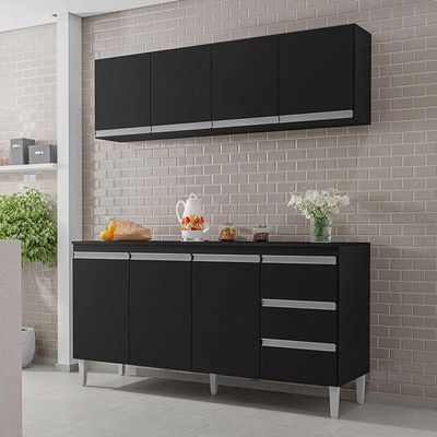 Balcão De Cozinha Com Tampo 160 Cm E Armário Aéreo Andréia Preto Fosco - Ajl