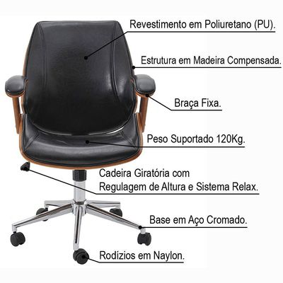 Cadeira de Escritório Diretor Giratória com Regulagem de Altura Akon PU Sintético Preto - Gran Belo