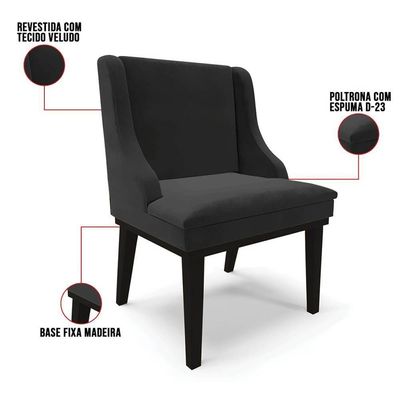 Kit 4 Cadeiras Estofadas Para Sala De Jantar Base Fixa De Madeira Preto Lia Veludo Preto - Ibiza