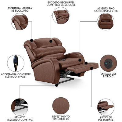 Poltrona Do Papai Reclinável Kalie Controle Power Elétrico Usb Fh9 Pu Marrom Brilho - Mpozenato