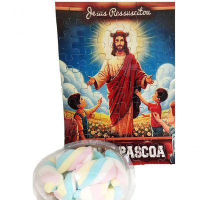 Presente De Páscoa Marshmallow Colorido + Quebra-cabeça Jesus Ressuscitado De 60 Peças