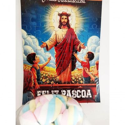 Presente De Páscoa Marshmallow Colorido + Quebra-cabeça Jesus Ressuscitado De 60 Peças