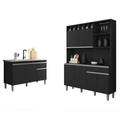 Balcão De Pia Tatiane 120 Cm E Armário Cozinha Kit Alice Ambiente Preto Fosco - Ajl