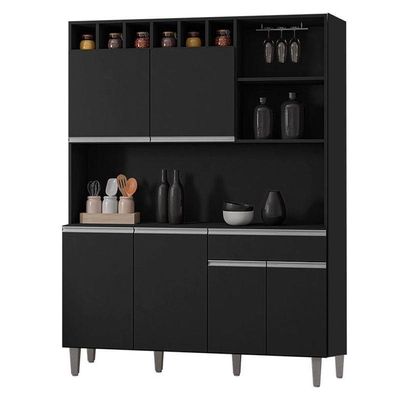 Balcão De Pia Tatiane 120 Cm E Armário Cozinha Kit Alice Ambiente Preto Fosco - Ajl