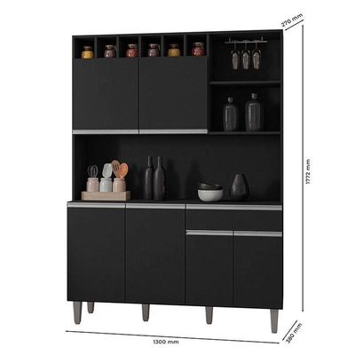 Balcão De Pia Tatiane 120 Cm E Armário Cozinha Kit Alice Ambiente Preto Fosco - Ajl
