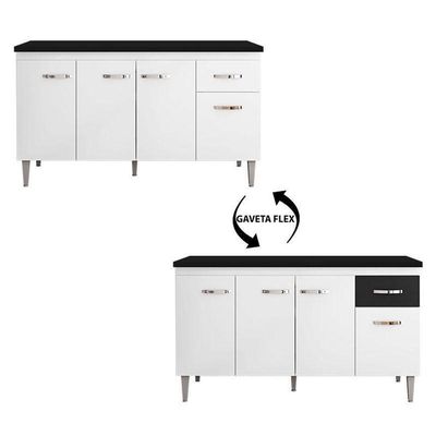 Balcão De Cozinha Gabriela Branco Flex Com Tampo 150 Cm Preto Fosco - Ajl