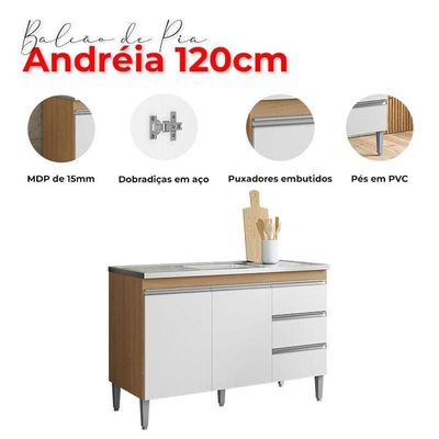 Balcão De Pia 120cm E Armário Aéreo Andreia Amêndoa Branco - Ajl