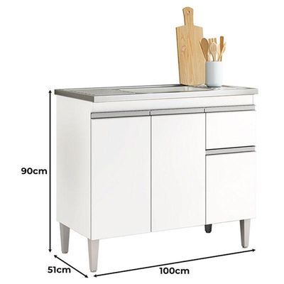 Balcão De Pia Tatiane 100cm E Armário Aéreo Andréia 3 Portas Branco Brilho - Ajl