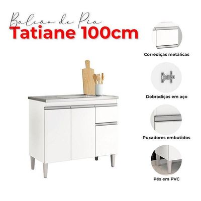 Balcão De Pia Tatiane 100cm E Armário Aéreo Andréia 3 Portas Branco Brilho - Ajl