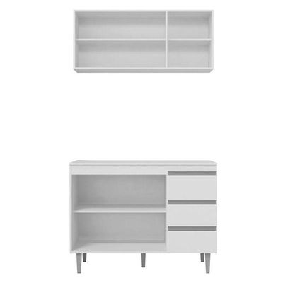 Balcão De Cozinha Com Tampo 120 Cm E Armário Aéreo Andréia Branco Brilho - Ajl