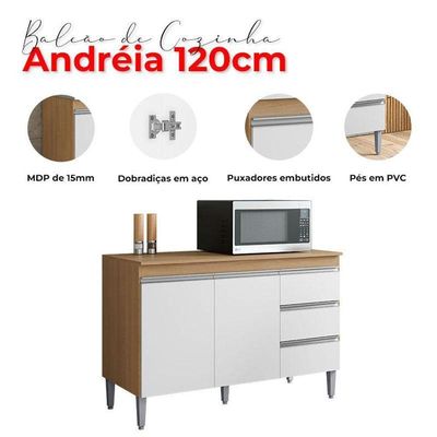Balcão De Cozinha Com Tampo 120cm E Armário Aéreo Andreia Amêndoa Branco - Ajl
