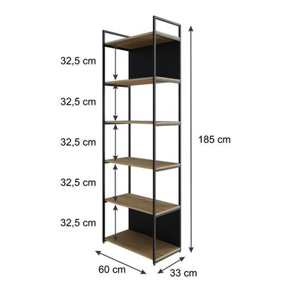 Estante Alta C/06 Prateleiras 185x60x33cm C/fundo Yon Vermont Oak/est.preta Vermont Oak/est.preta