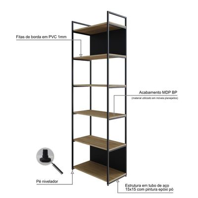 Estante Alta C/06 Prateleiras 185x60x33cm C/fundo Yon Vermont Oak/est.preta Vermont Oak/est.preta