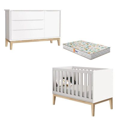 Berço Americano E Cômoda New Classic Branco Com Pés Madeira Natural E Colchão Gazin ? Reller