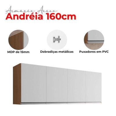 Armário Aéreo Para Cozinha Ambiente Andréia 4 Portas 160cm Amêndoa Branco - Ajl