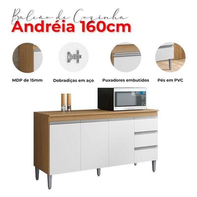 Balcão De Cozinha Ambiente Andréia Com Tampo 160cm Amêndoa Branco - Ajl
