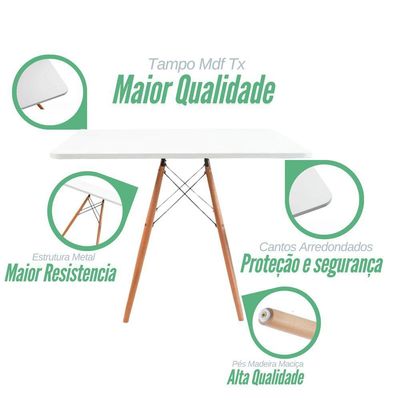 Jogo Sala Jantar Cozinha Mesa Eiffel Quadrada 80cm Branco Com 4 Cadeiras Eiffel Eames Branco