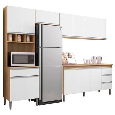 Cozinha Com Balcão E Tampo 150cm Ambiente Andréia Amêndoa Branco - Ajl