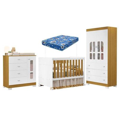 Quarto De Bebê New Katatau Branco Acetinado Savana Com Colchão Ortobom ? Reller