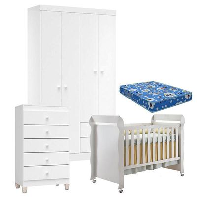 Quarto De Bebê 4 Portas Com Gaveteiro Ternura Baby E Berço Mirelle Branco Brilho Com Colchão - Incorplac