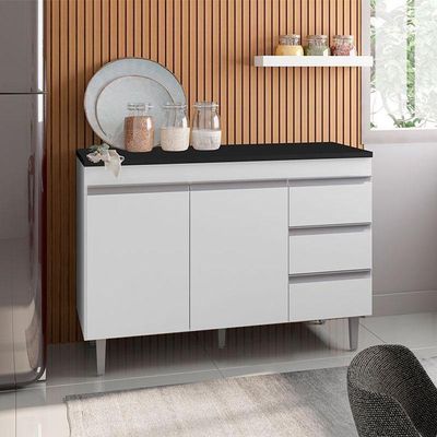 Balcão De Cozinha Andréia Branco Com Tampo 120 Cm Preto Fosco – Ajl