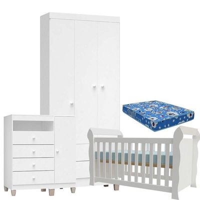 Quarto De Bebê 3 Portas Ternura Baby Com Berço Lara Branco Brilho Com Colchão Para Berço Americano - Incorplac