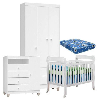 Quarto De Bebê 3 Portas Ternura Baby Com Berço Lila Branco Brilho Com Colchão Para Berço Americano - Incorplac