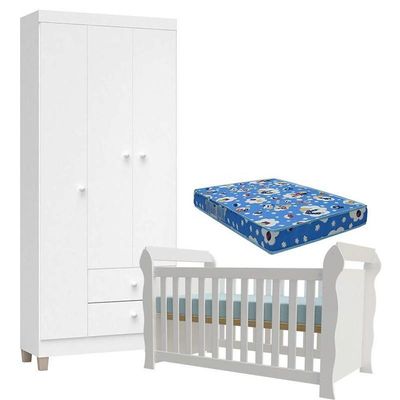 Berço Americano Lara Com Colchão Para Berço Americano E Guarda Roupa Ternura Baby 3 Portas Branco Brilho - Incorplac