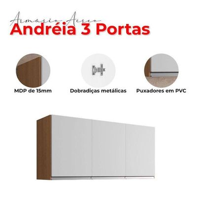 Armário Aéreo Para Cozinha Andréia 3 Portas Amêndoa Branco - Ajl