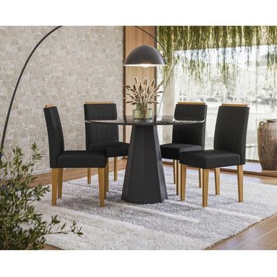 Mesa De Jantar Isis 120x120 Cm Com Vidro Preto E 4 Cadeiras Ana Ype Veludo Preto – New Ceval