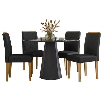 Mesa De Jantar Ambiente Isis 120x120 Cm Com Vidro Preto E 4 Cadeiras Ana Ype Veludo Preto – New Ceval