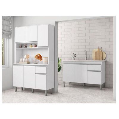 Balcão De Pia Tatiane 120 Cm E Armário Cozinha Kit Márcia Branco Brilho - Ajl