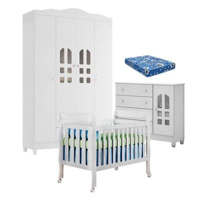 Quarto De Bebê New Selena 4 Portas Com Berço Lila E Cômoda Selena Branco Brilho E Colchão Ortobom – Carolina Móveis