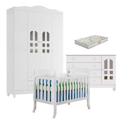 Quarto De Bebê New Selena 4 Portas Com Berço Lila E Cômoda Gran Selena Branco Brilho E Colchão Gazin – Carolina Móveis