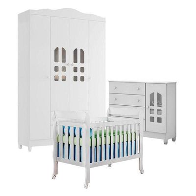 Quarto De Bebê New Selena 4 Portas Com Berço Lila E Cômoda Selena Branco Brilho – Carolina Móveis