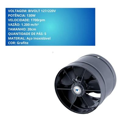 Ventilador/exaustor Axial Bivolt 200mm Grafite Bivolt Tron