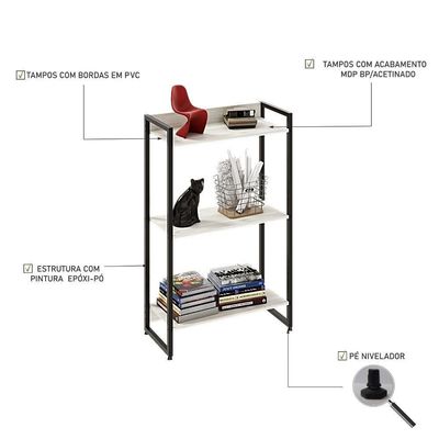 Estante Dynamica 60x30x104cm C/03 Prateleiras Snow / Est.preta Snow / Est.preta