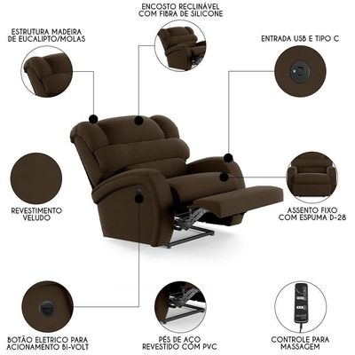 Poltrona Do Papai Reclinável Kalie Power Elétrica Massagem Fh9 Veludo Marrom - Mpozenato
