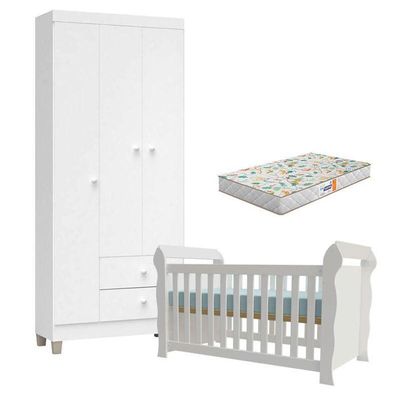 Berço Americano Lara Com Colchão Gazin E Guarda Roupa Ternura Baby 3 Portas Branco Brilho Flex - Incorplac