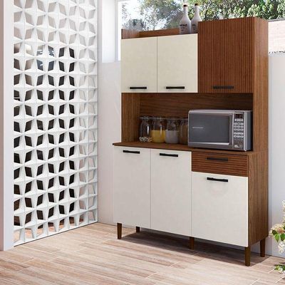 Kit Cozinha Gênova 6 Portas Nogueira Off White Ripado - Kits Paraná